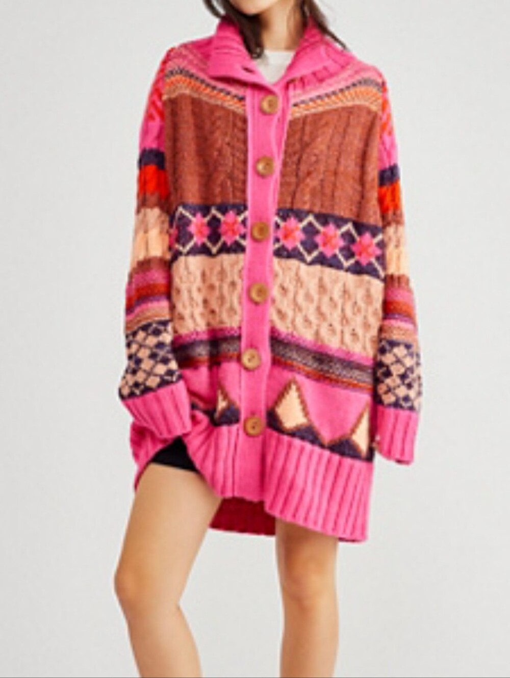 Free People Pink & Brown Geometric Cable-Knit Button Cardigan